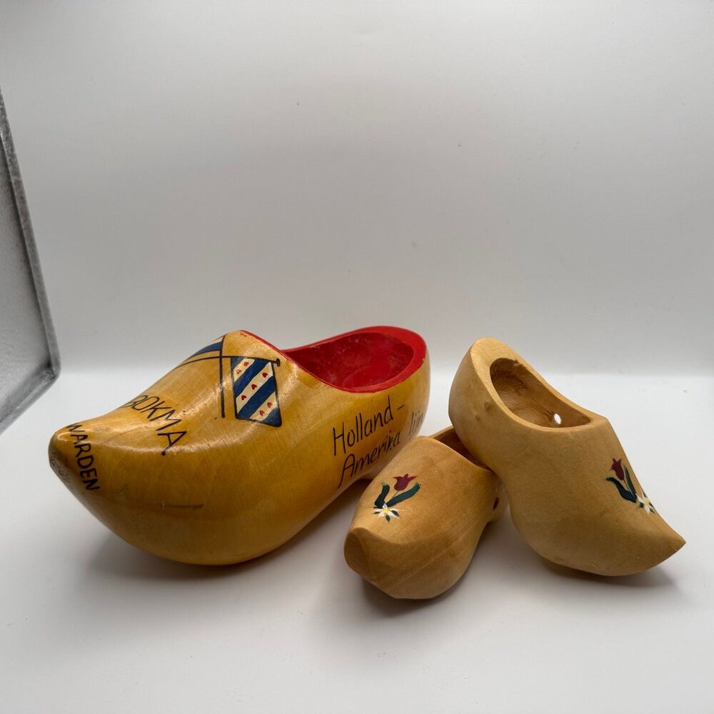 Vintage Dutch Wooden Clogs Lot Bokma Leeuwarden Holland Souvenir Shoes Set of 3